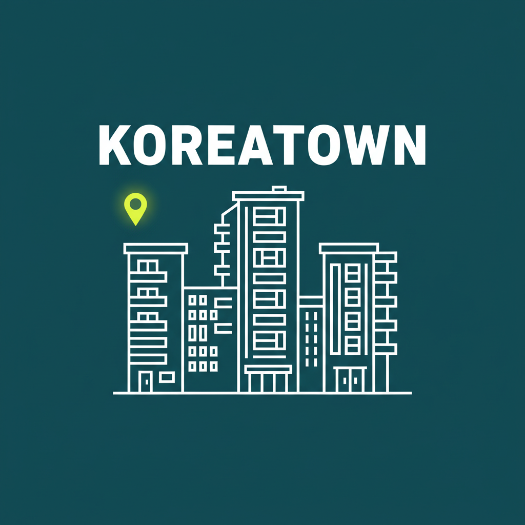 Illustrated Koreatown mid-rise apartment buildings with neighborhood name and location pin