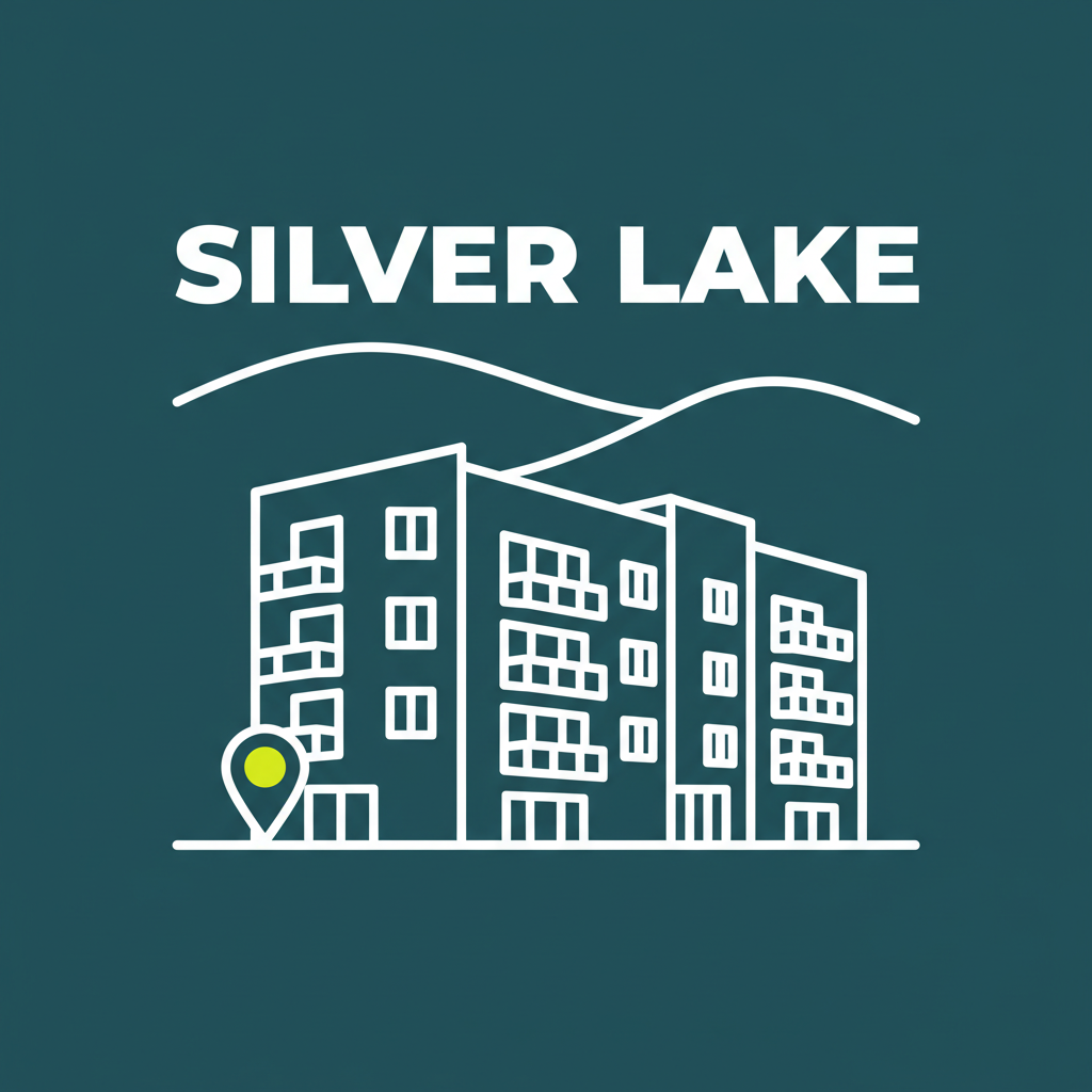 Illustrated Silver Lake apartment building with hills and neighborhood name