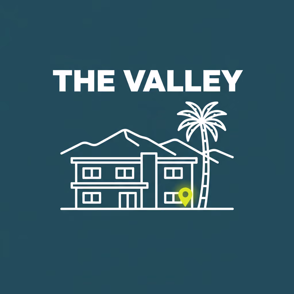 Illustrated San Fernando Valley stucco apartment building with palm tree and neighborhood name