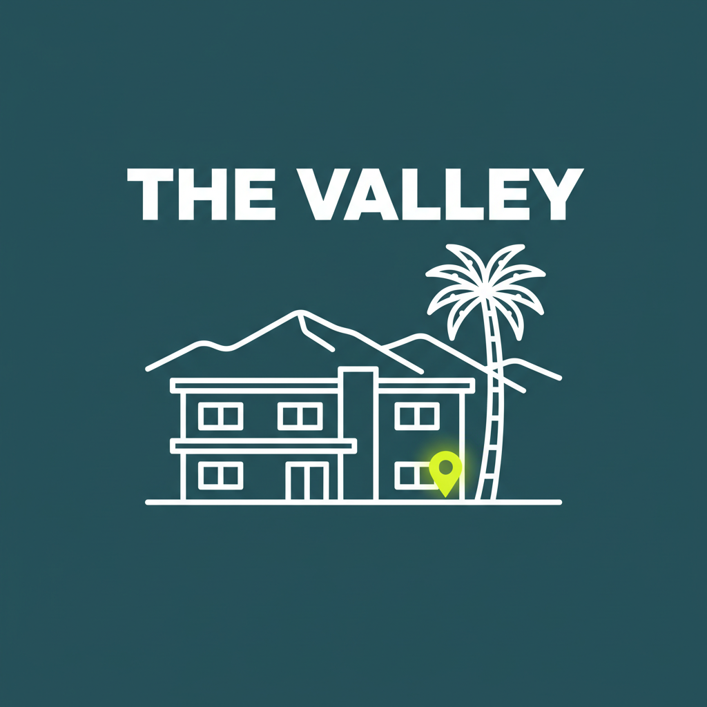 Illustrated San Fernando Valley stucco apartment building with palm tree and neighborhood name