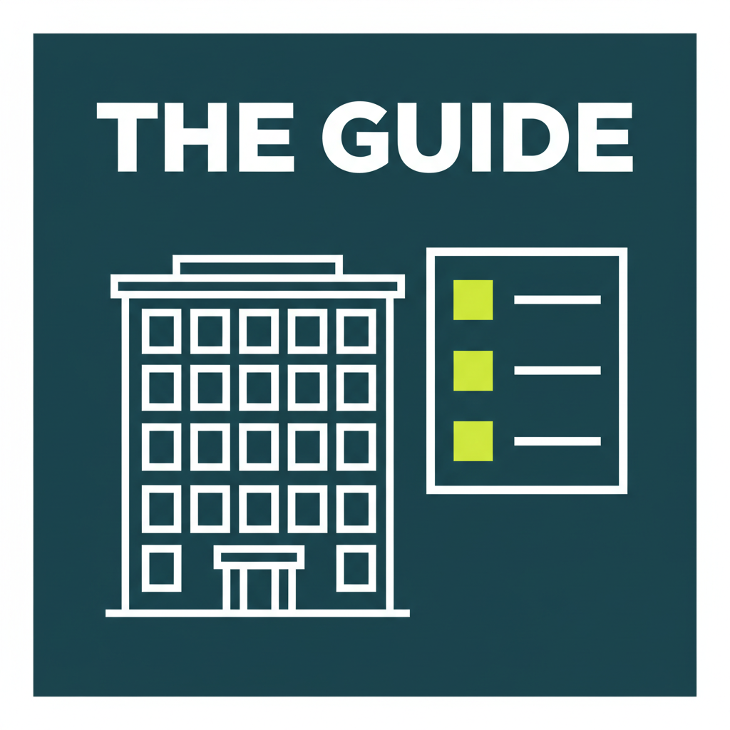 Illustrated apartment building with checklist and the label THE GUIDE