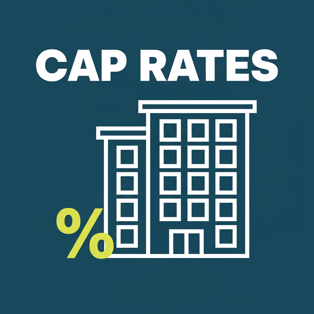 Illustrated apartment building with percent symbol and the label CAP RATES