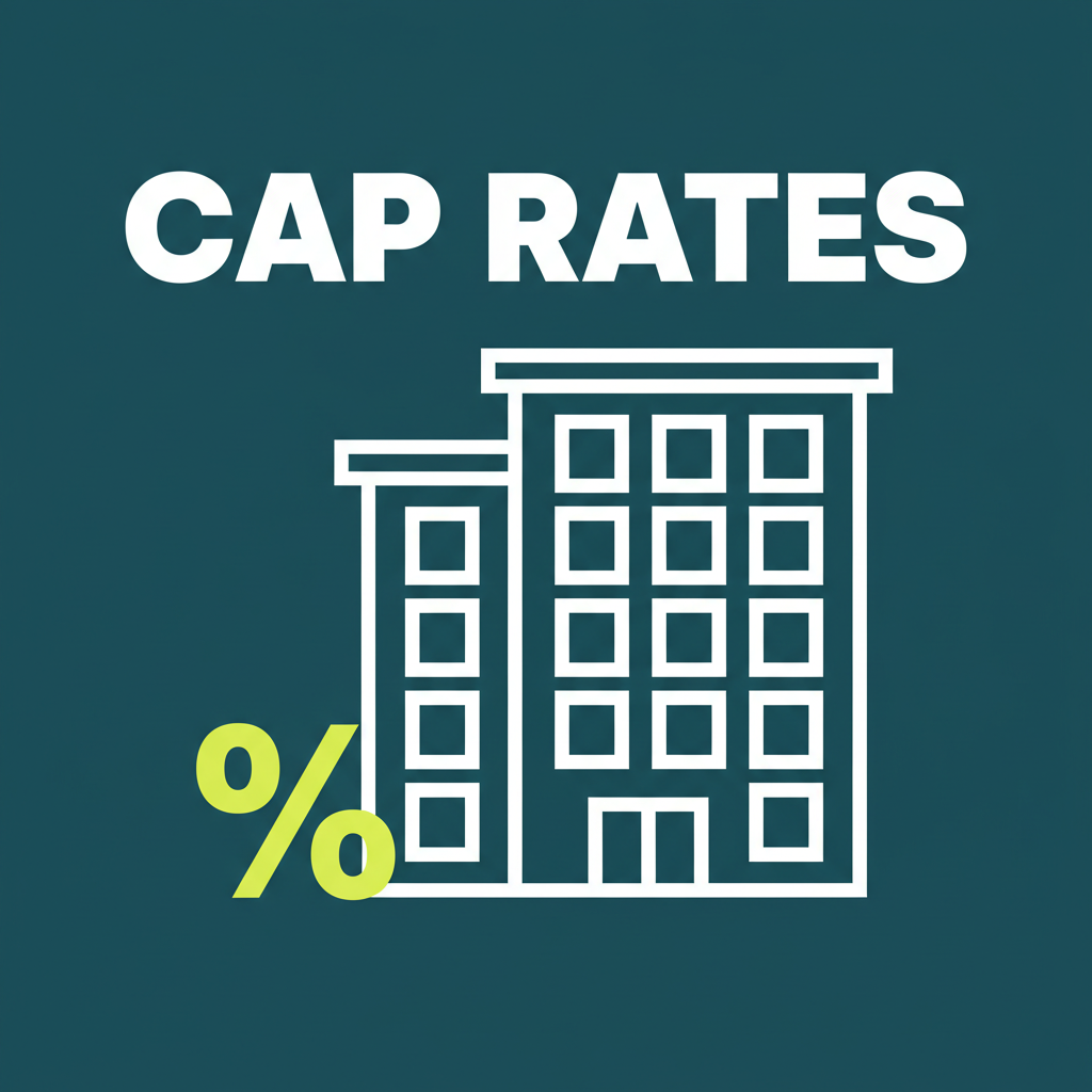 Illustrated apartment building with percent symbol and the label CAP RATES