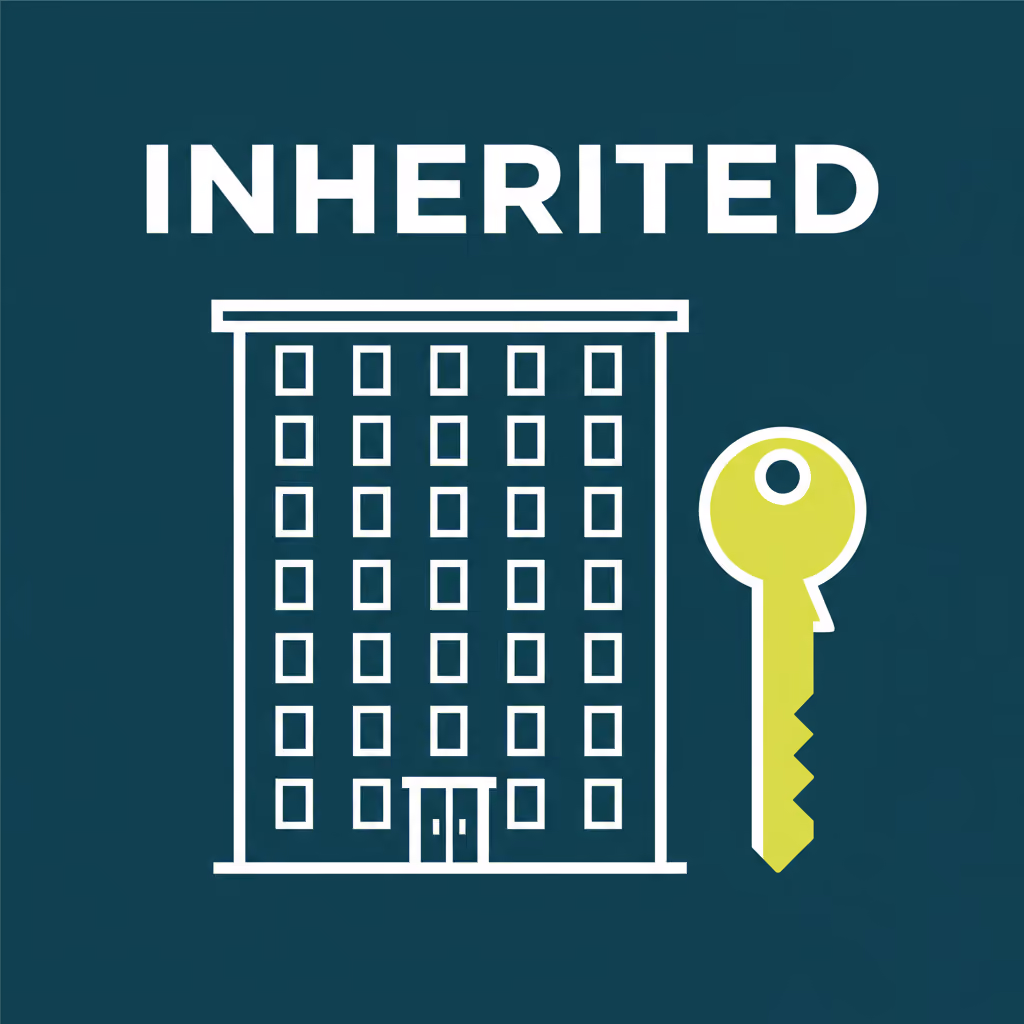 Illustrated apartment building with key and the label INHERITED
