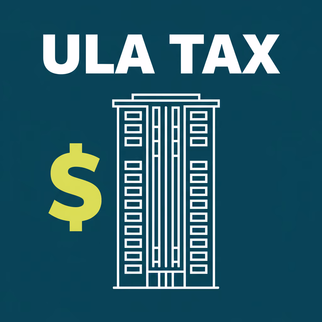 Illustrated tall apartment tower with dollar sign and the label ULA TAX