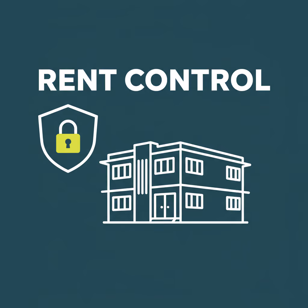 Illustrated vintage apartment building with padlock shield and the label RENT CONTROL