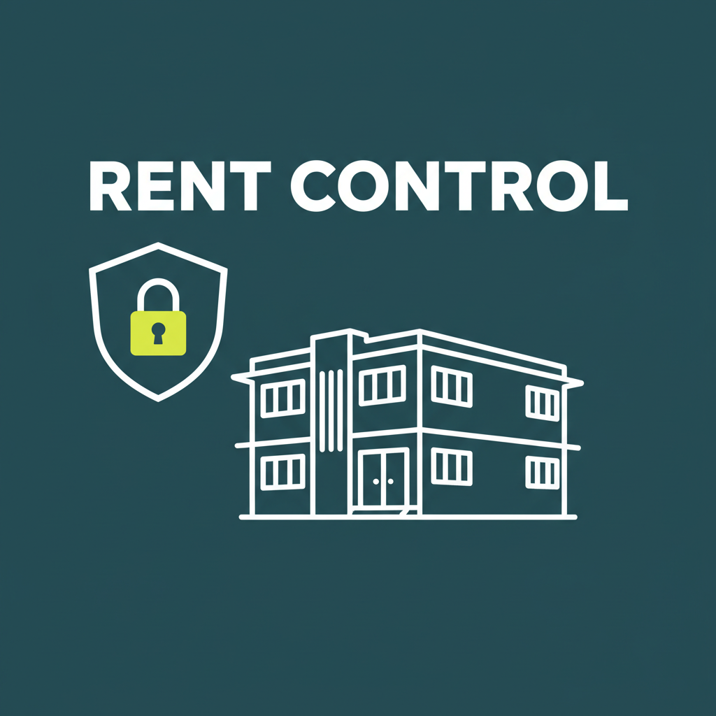 Illustrated vintage apartment building with padlock shield and the label RENT CONTROL
