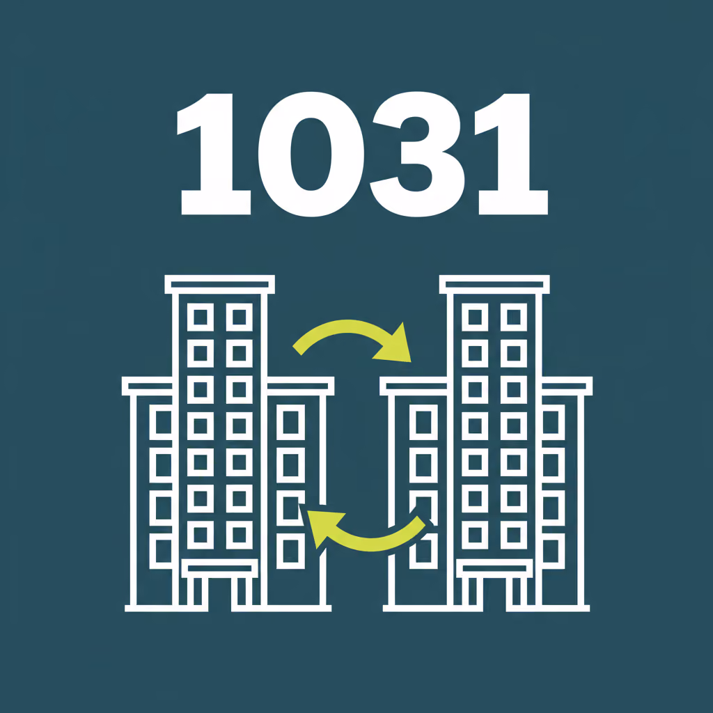 Illustrated two apartment buildings with swap arrows and the label 1031