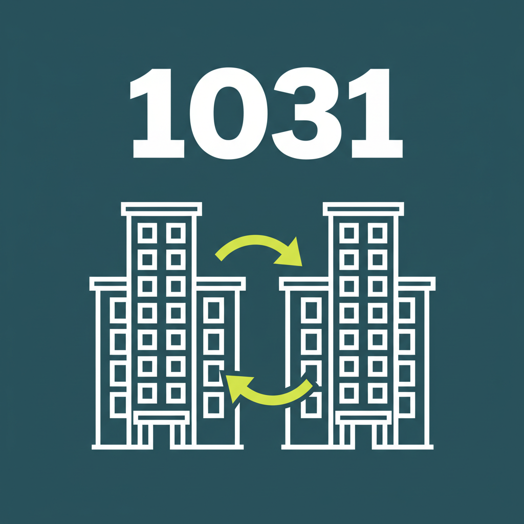 Illustrated two apartment buildings with swap arrows and the label 1031