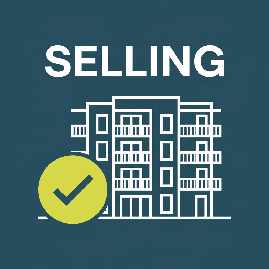 Illustrated apartment building with checkmark and the label SELLING