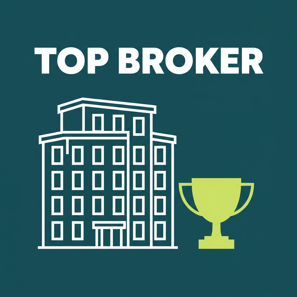 Illustrated apartment building with trophy and the label TOP BROKER