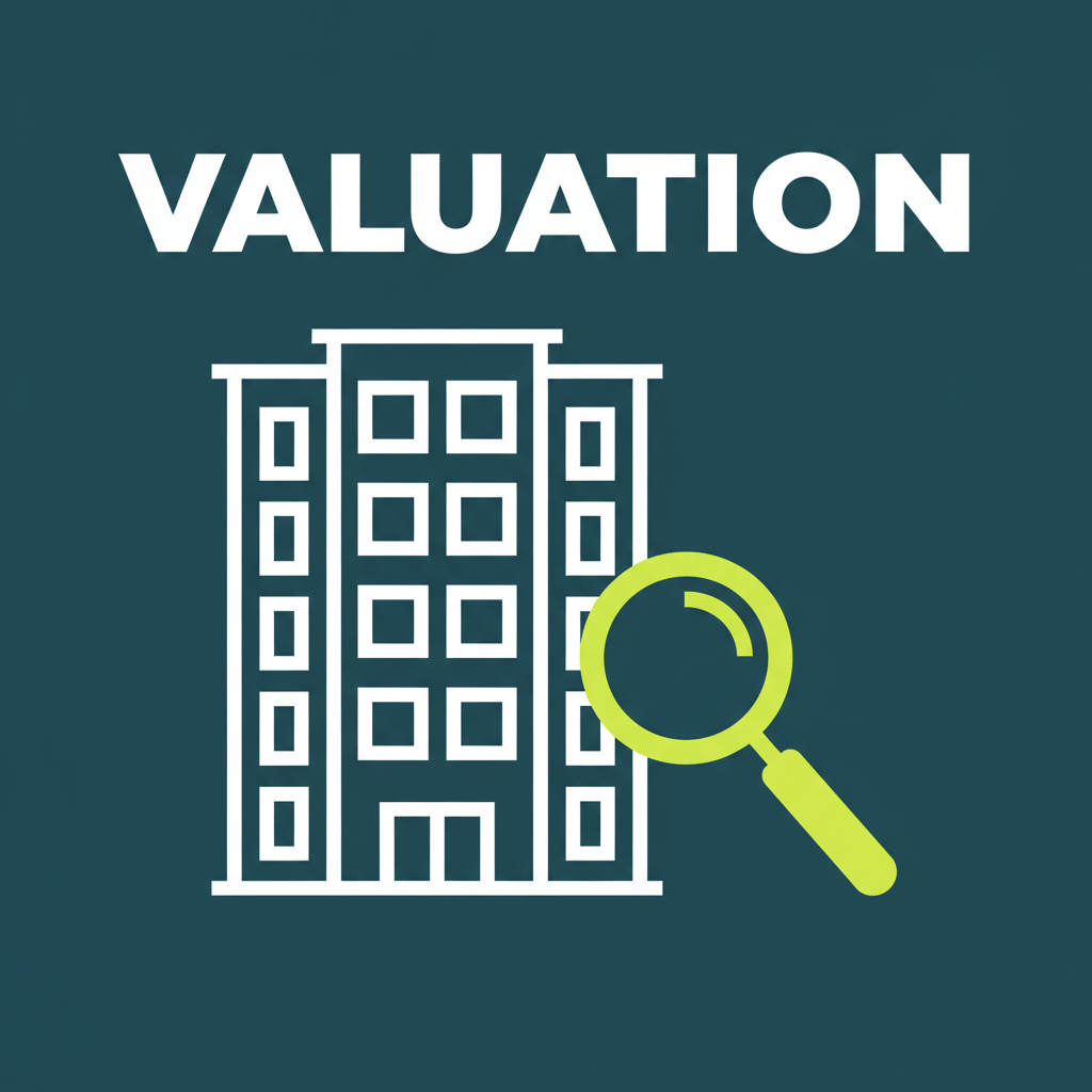 Illustrated apartment building with magnifying glass and the label VALUATION