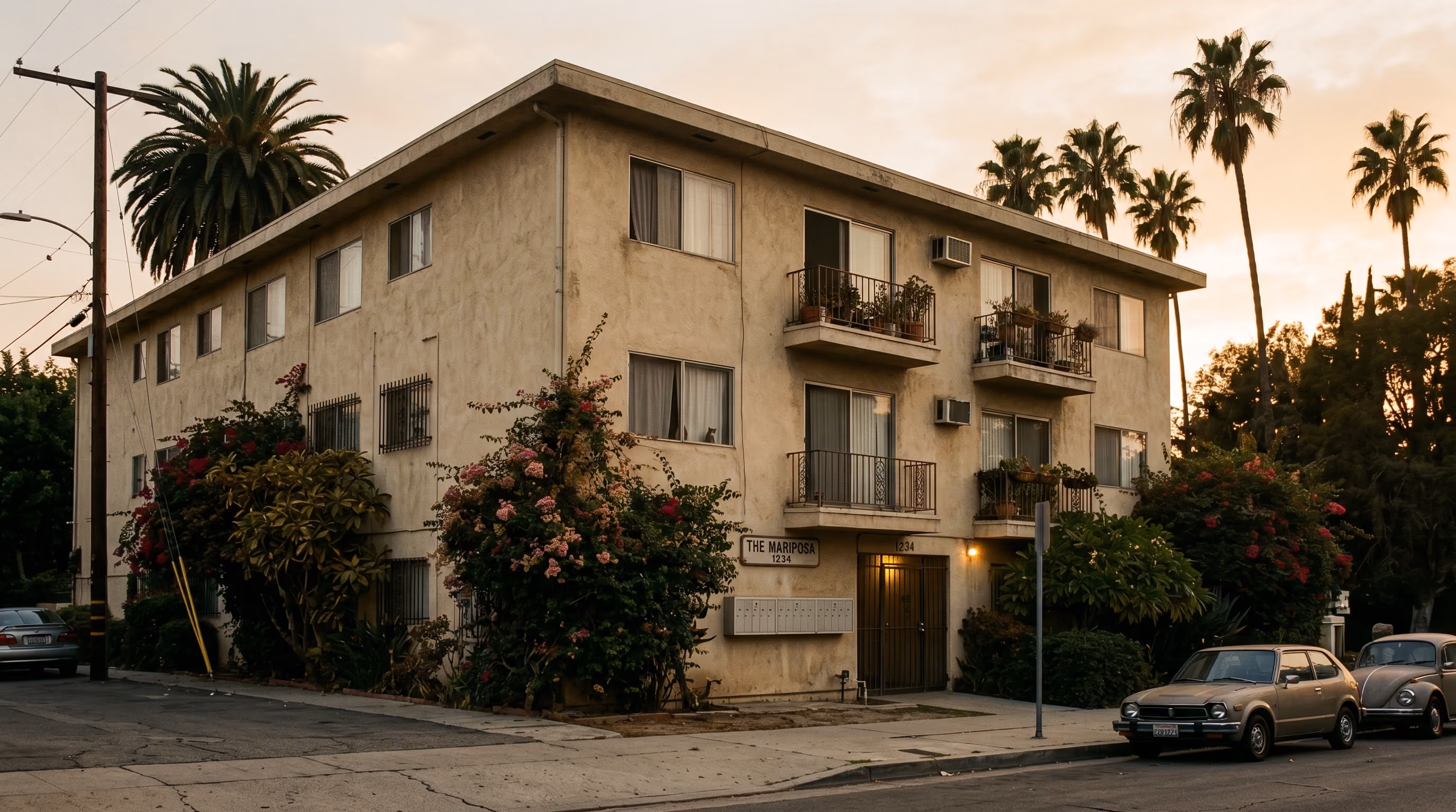 Classic 1970s-era Los Angeles multifamily stucco apartment building at golden hour, representing RSO-covered rent-stabilized properties