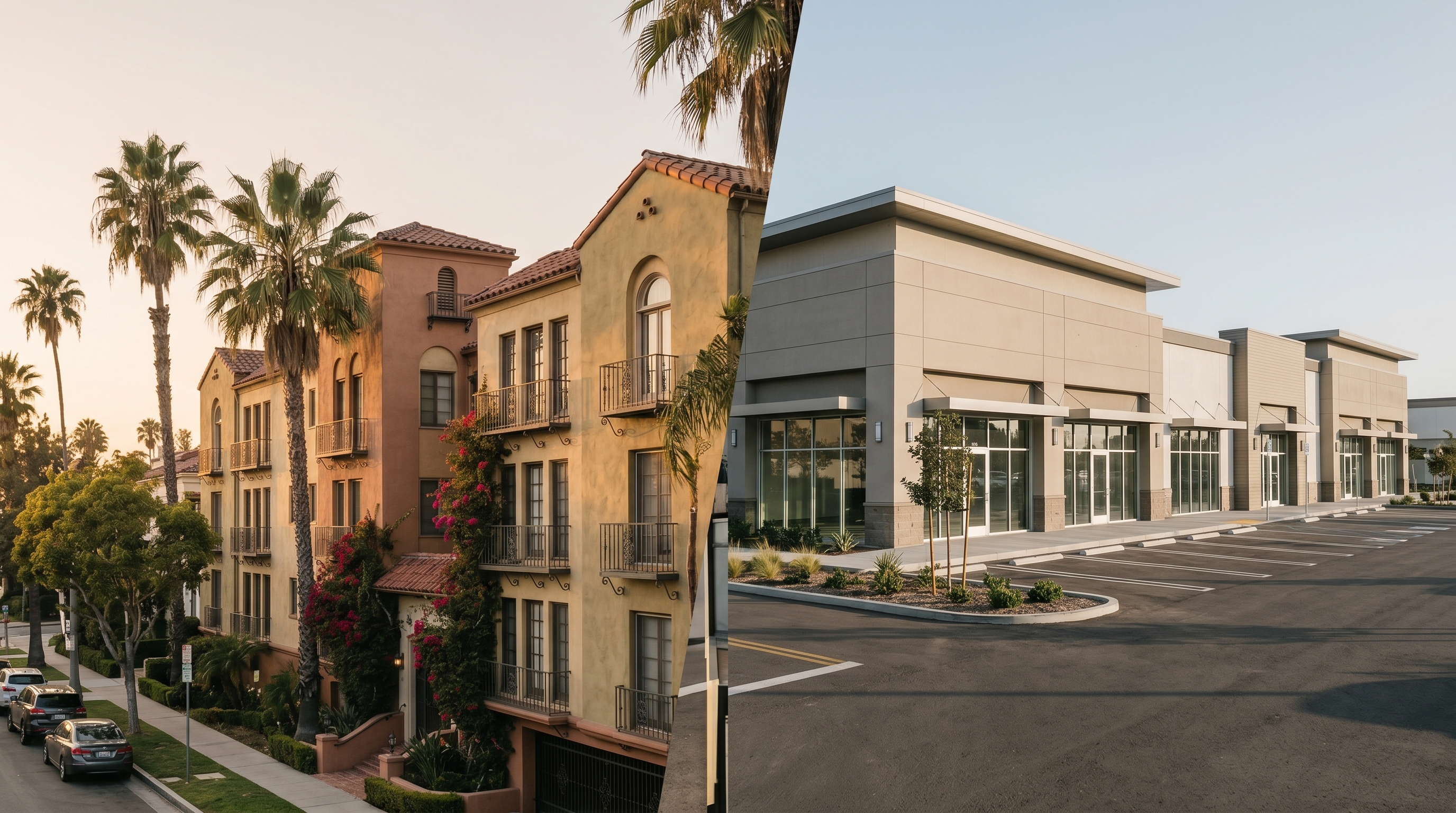 Split composition photograph showing a Mediterranean LA multifamily apartment building alongside a modern single-story NNN commercial retail building, representing a 1031 exchange from multifamily to triple-net lease