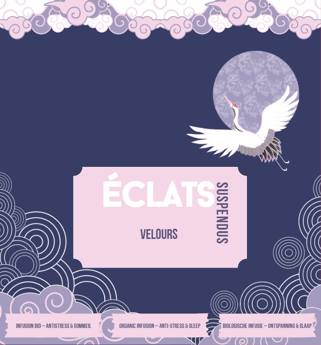 Design violet avec des nuages décoratifs, une grue blanche et un cercle orné derrière, texte « ÉCLATS SUSPENDUS VELOURS » au centre, infusions bio antistress et sommeil en bas.