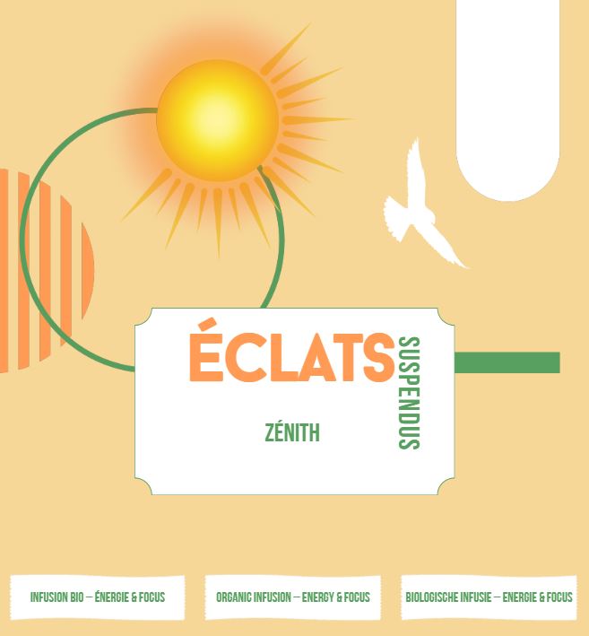 Étiquette beige avec un cercle vert, un soleil stylisé orange et une silhouette d'oiseau blanc, texte principal 'Éclats suspendus Zénith', description infusion bio énergie et focus.
