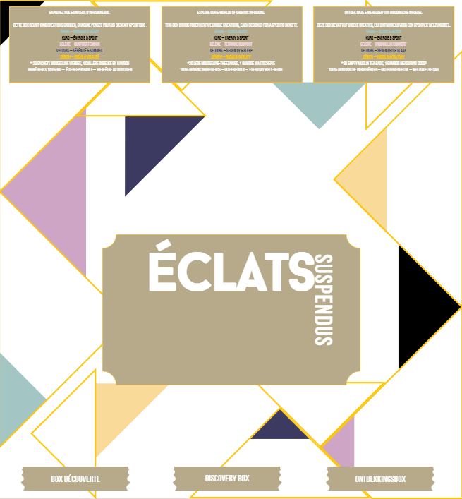 Design géométrique abstrait avec des triangles colorés autour d'une boîte centrale beige portant le texte « ÉCLATS SUSPENDUS » et trois sections en haut et en bas indiquant 'box découverte', 'discovery box' et 'ontdekkingsbox'.