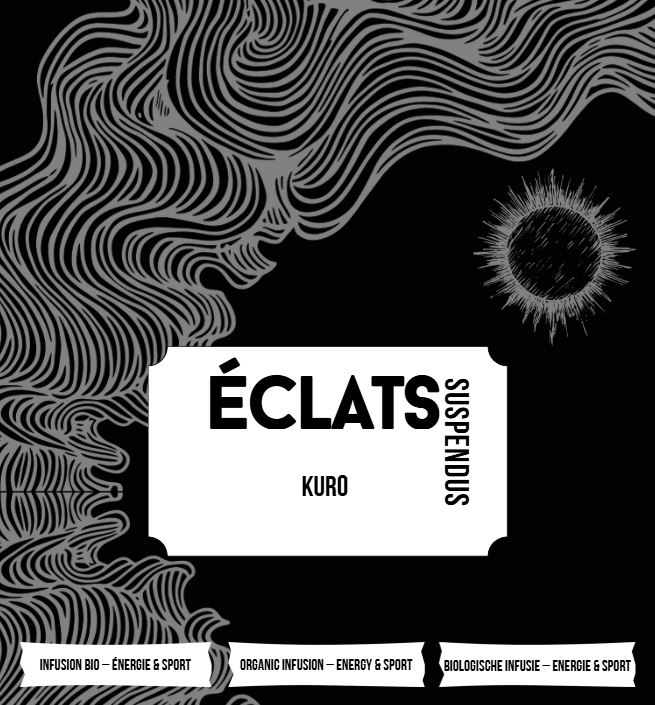 Design noir avec motif de cheveux ondulés en gris, texte central ÉCLATS SUSPENDUS KURO, infusions bio pour énergie et sport en bas.