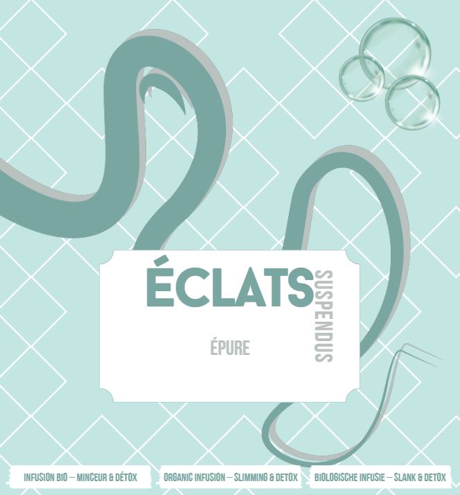 Design graphique avec motif de losanges blancs sur fond vert d'eau, bulles transparentes en haut à droite, et texte central 'ÉCLATS SUSPENDUS ÉPURE' avec mention d'infusion bio minceur et détox en plusieurs langues.