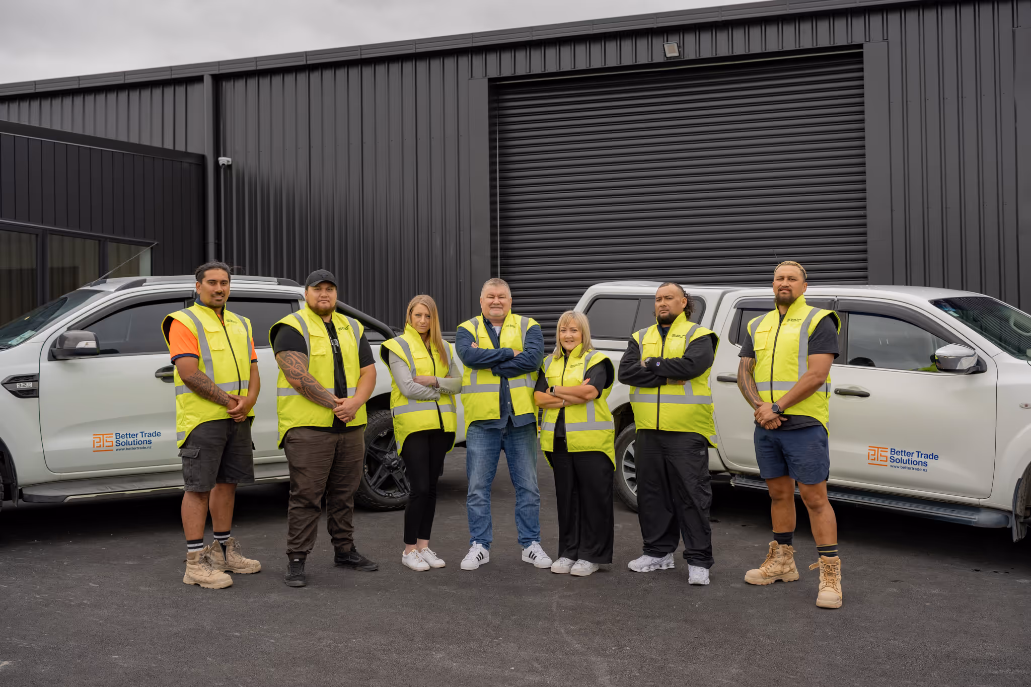 Group of seven workers wearing yellow safety vests standing in front of two white company trucks with Better Trade Solutions logos.