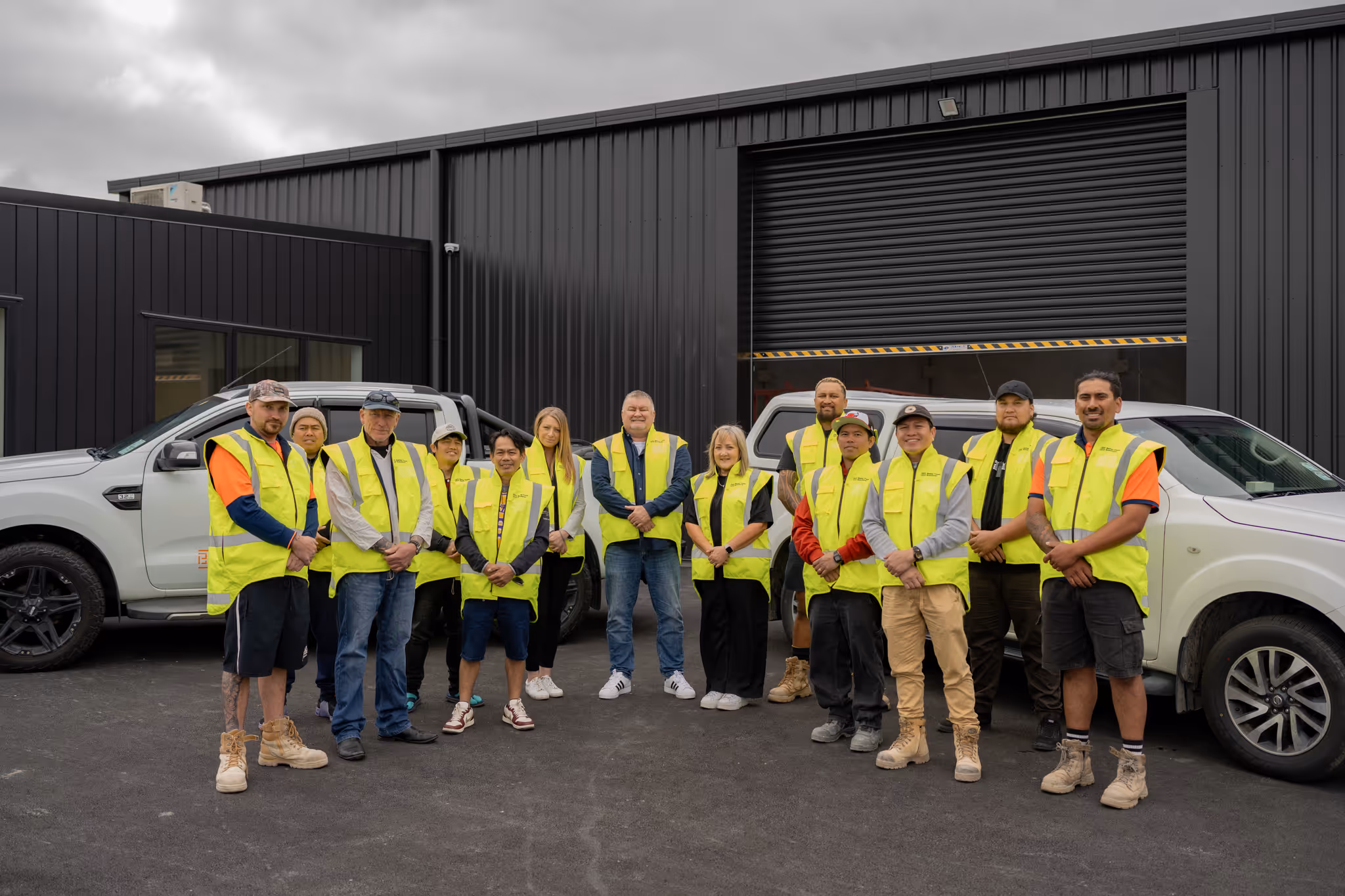 Group of construction workers wearing high-visibility vests standing in front of two white pickup trucks outside a black industrial building.