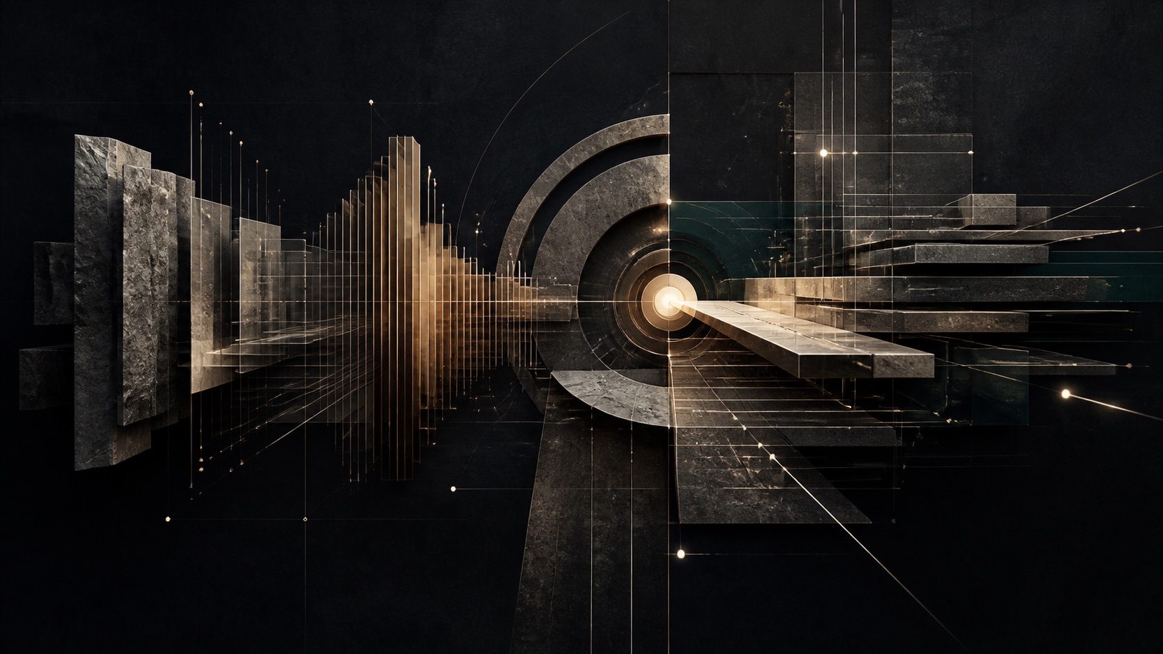 Abstract architectural structures and pathways converging into a coherent digital capital system.