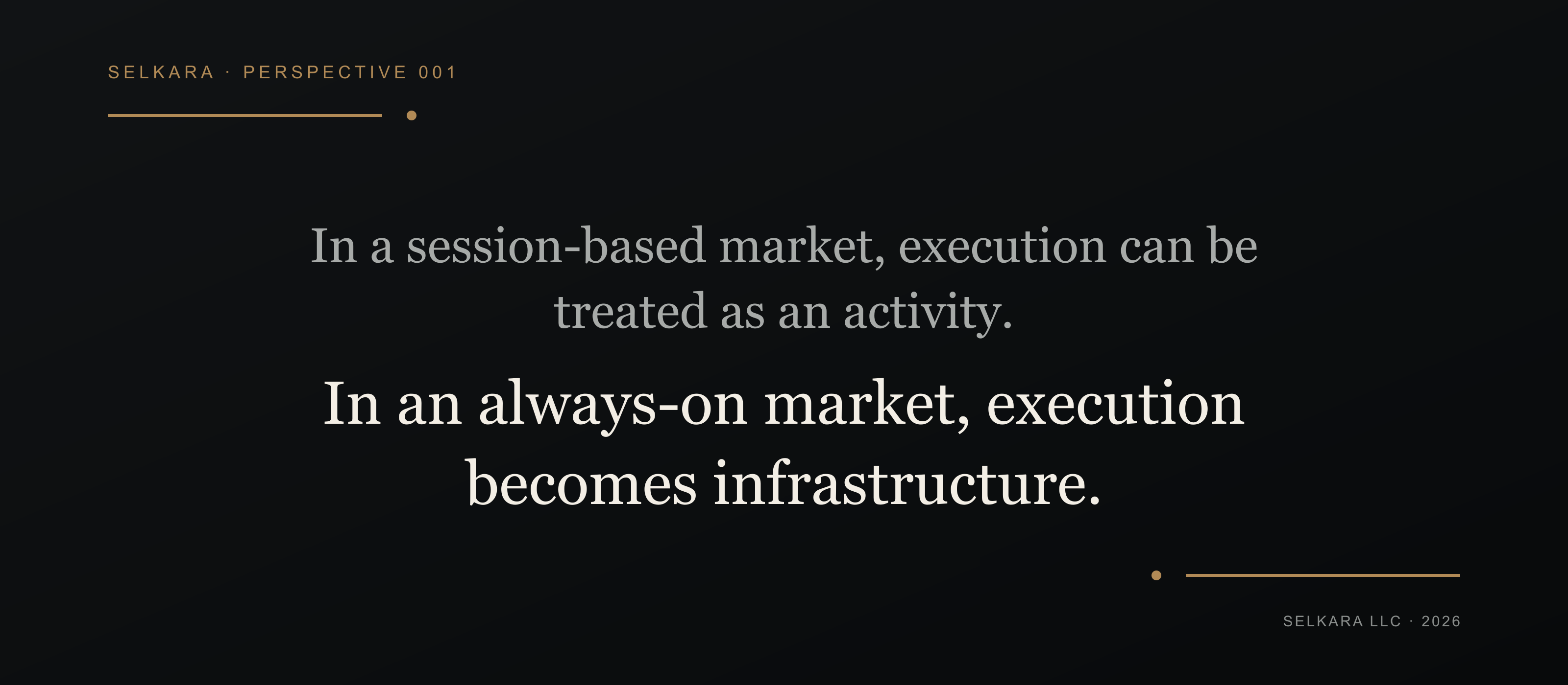 In a session-based market, execution can be treated as an activity. In an always-on market, execution becomes infrastructure.