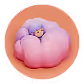 A cute animated pink pumpkin with a smiling friendly face, sitting against a peach-colored circular background.