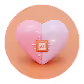 3D illustration of a shiny translucent pink heart with a small orange square and lines inside, set on a peach circular background.
