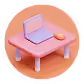 Small round pink table with purple legs holding an open laptop and a peach-colored cup.