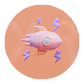 Illustration of a small pink rocket with a round window, emitting purple lightning bolts on a circular beige background.