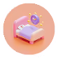 3D illustration of a pink bed with white pillow and purple blanket on a peach circular background.