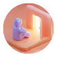 3D illustration of a small, rounded purple character sitting cross-legged on a pink surface, facing a glowing square portal or window emitting warm light, all inside a circular frame with pink and peach gradient edges.