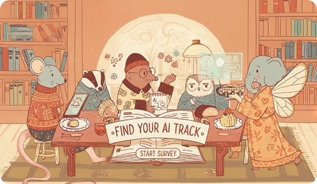 Illustration of five animals sitting around a wooden table in a cozy library with bookshelves. From left to right: a mouse in an orange sweater looking at a smartphone, a badger with a blue jacket holding a pen and a notebook, a bear in a patterned sweater holding a cup and a notepad labeled AI, an owl with glasses and a scarf, and an elephant with fairy wings offering a piece of cake. A banner on the table reads 'Find Your AI Track' with a 'Start Survey' button below.