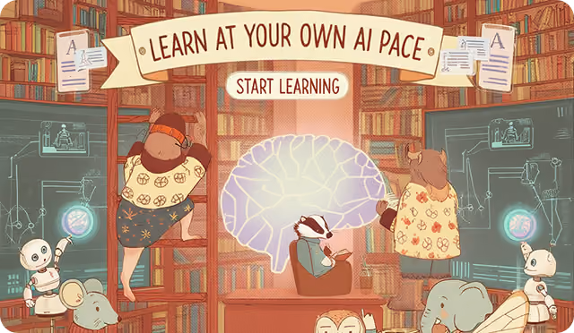 Illustration of a library with bookshelves, a large glowing brain in the center, and animals including a bear, badger, and elephant using technology and reading, with a banner overhead reading 'Learn at your own AI pace' and a 'Start Learning' button.