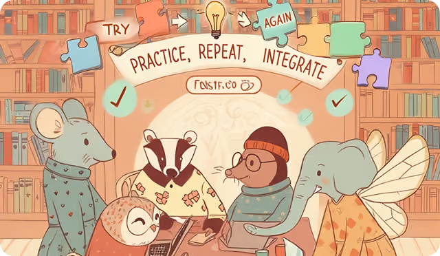 Illustration of five animals around a table in a cozy library: a mouse, a badger, an owl, a mole wearing a beanie and glasses, and an elephant with fairy wings. Above them is a banner with puzzle pieces and a lightbulb that reads 'Try Again' and 'Practice, Repeat, Integrate'.