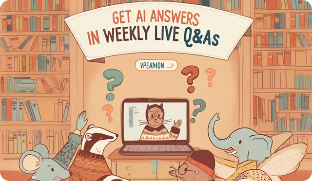 Illustration of a laptop on a table in a library showing a cat wearing glasses and a sweater waving on screen, surrounded by animated animals including a mouse, a badger, a bear, a rabbit, and an elephant with wings raising paws, with floating question marks and a banner above reading 'Get AI Answers in Weekly Live Q&As.'