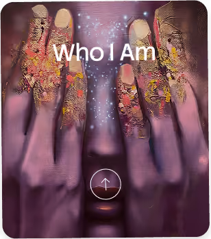 Close-up of a person's face partially covered by both hands with colorful textured paint on the fingers, with the text 'Who I Am' overlaid at the center.