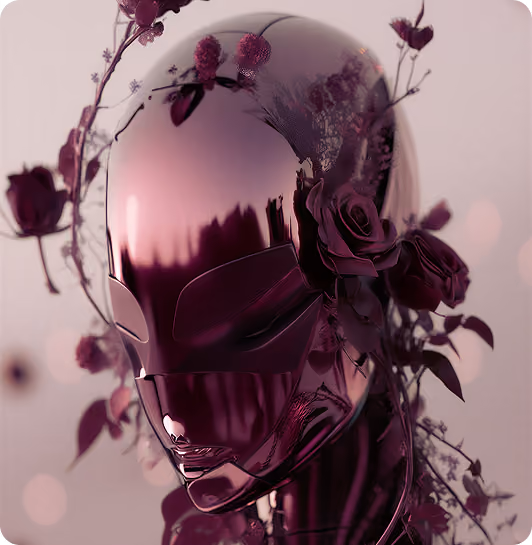 Shiny reflective robotic head with sleek smooth features adorned with dark purple roses and delicate floral vines wrapping around it.