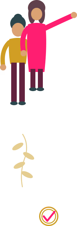 Illustration of a woman in a pink dress with one arm raised and a man standing behind her wearing a yellow shirt and purple pants, with a stylized yellow branch with leaves below and a circular badge with a pink checkmark inside.