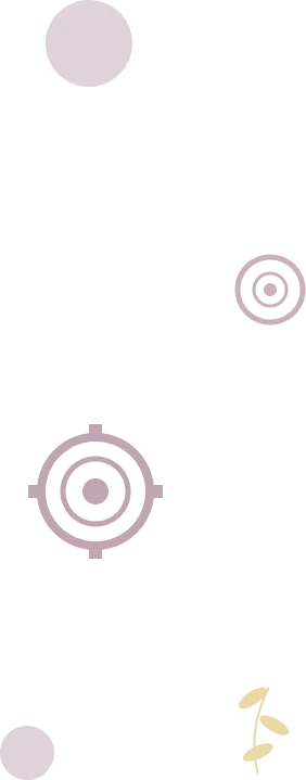 Minimalist vertical design with four burgundy circular shapes resembling target patterns and dots, and a small stylized gold stem with three oval leaves at the bottom right.
