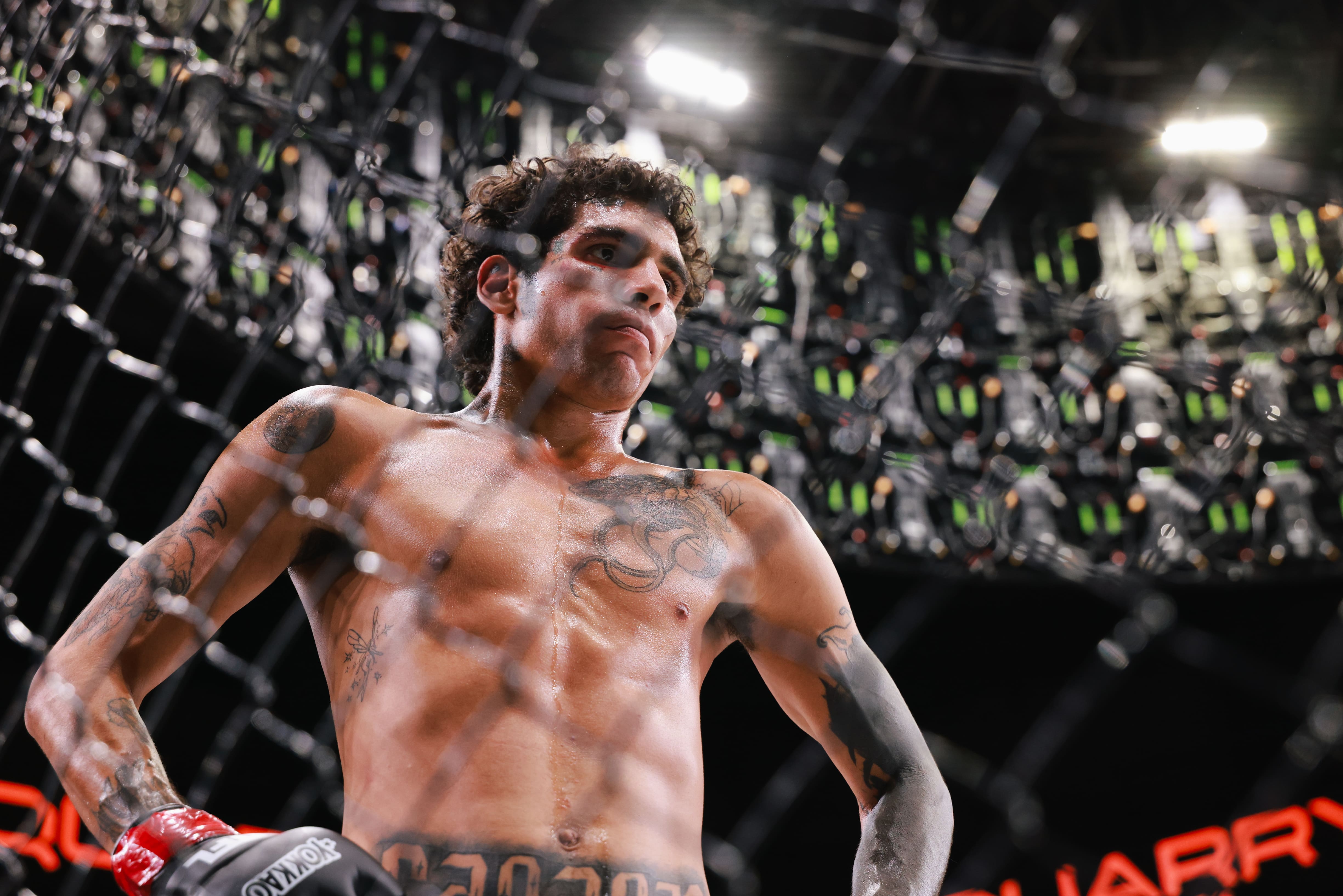 Luchador de artes marciales mixtas sudoroso y musculoso dentro de la jaula del ring.