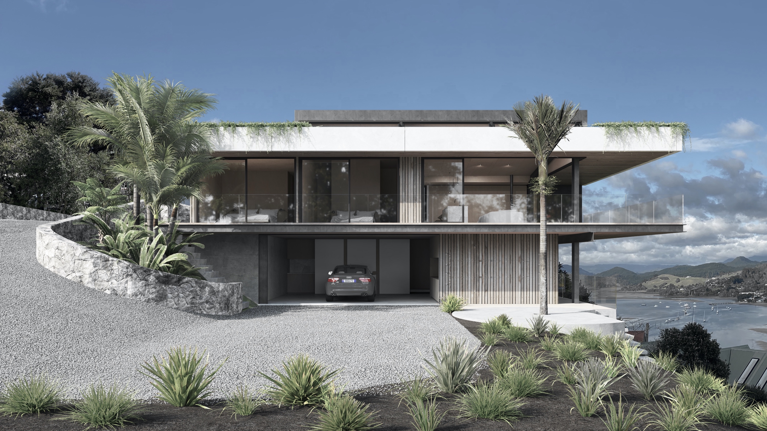 Mountain Terrace House by Matt Deeb Architecture: Modern two-story house with large glass windows, a garage with a black car, surrounded by tropical plants, overlooking a water body with boats.