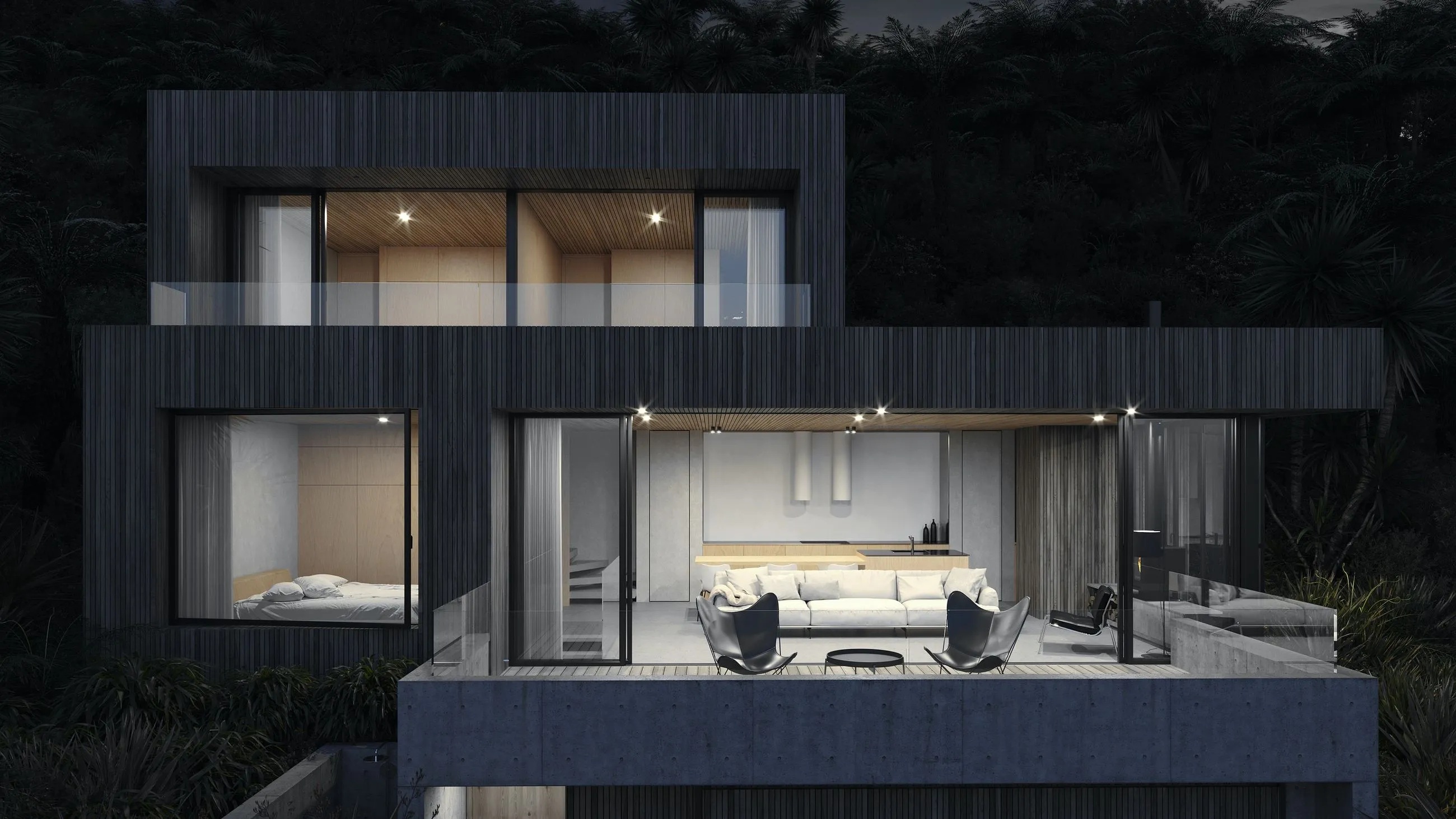 MDA House by Matt Deeb Architecture: Partially opened black-framed glass door leading to a room with a wooden bed frame, white bedding, and a gray cinder block wall.