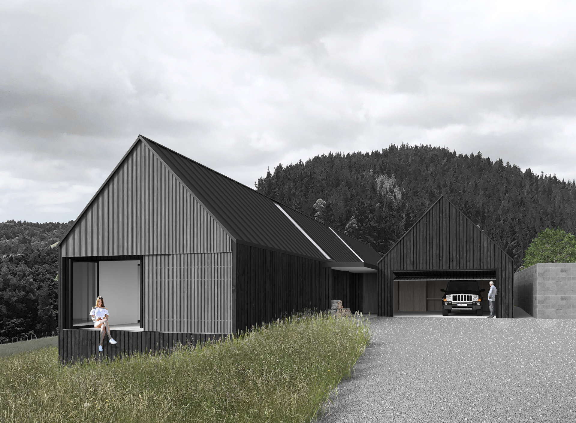Cantilever House by Matt Deeb Architecture: Minimalist concrete and wood exterior wall with a dark entrance and a mountain under a cloudy sky in the background.