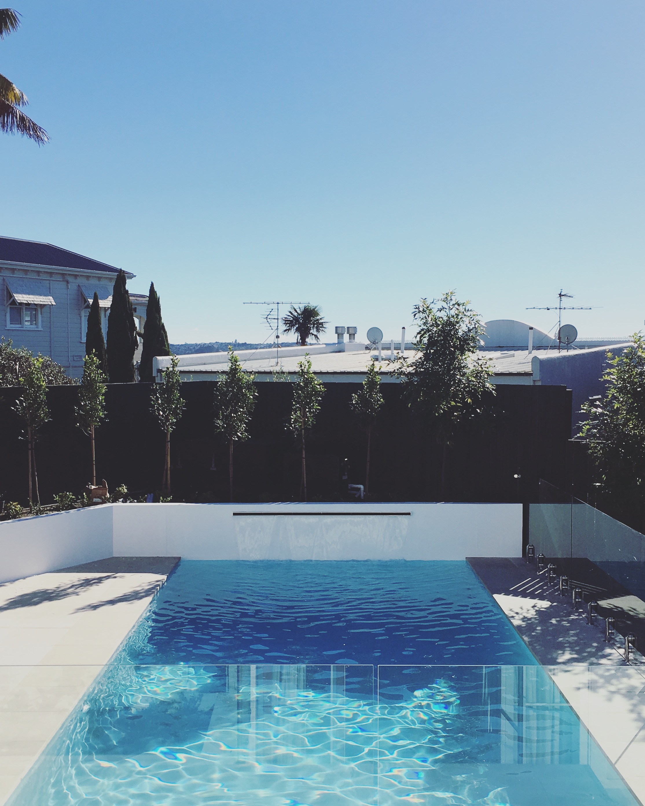 Ponsonby Renovation by Matt Deeb Architecture: Modern backyard swimming pool with clear blue water, surrounded by white tiles and glass fencing, under a clear blue sky.
