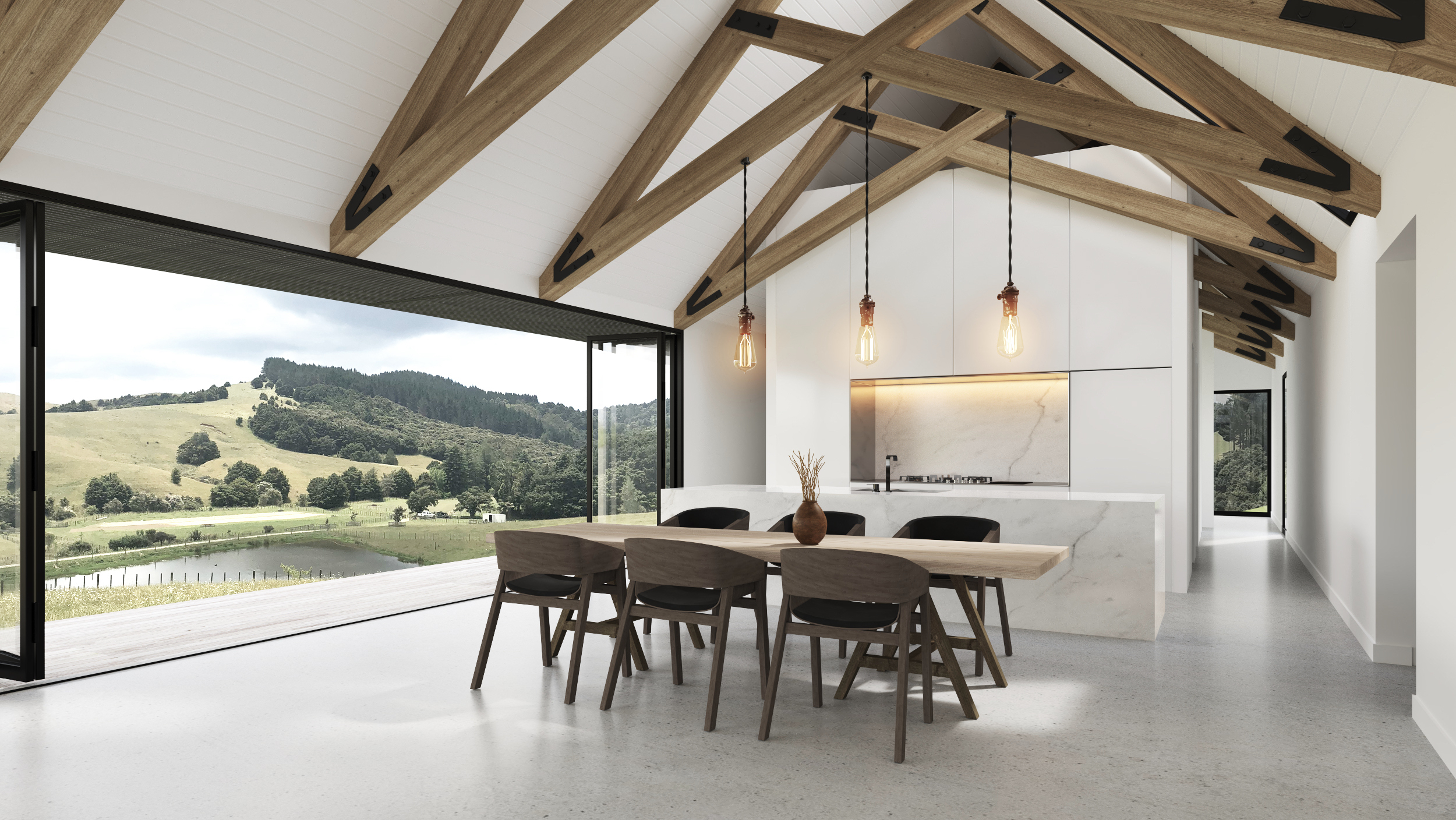Mangawhai House by Matt Deeb Architecture: Modern dining area with wooden table, six chairs, pendant lights, and large open glass doors overlooking a green hillside.
