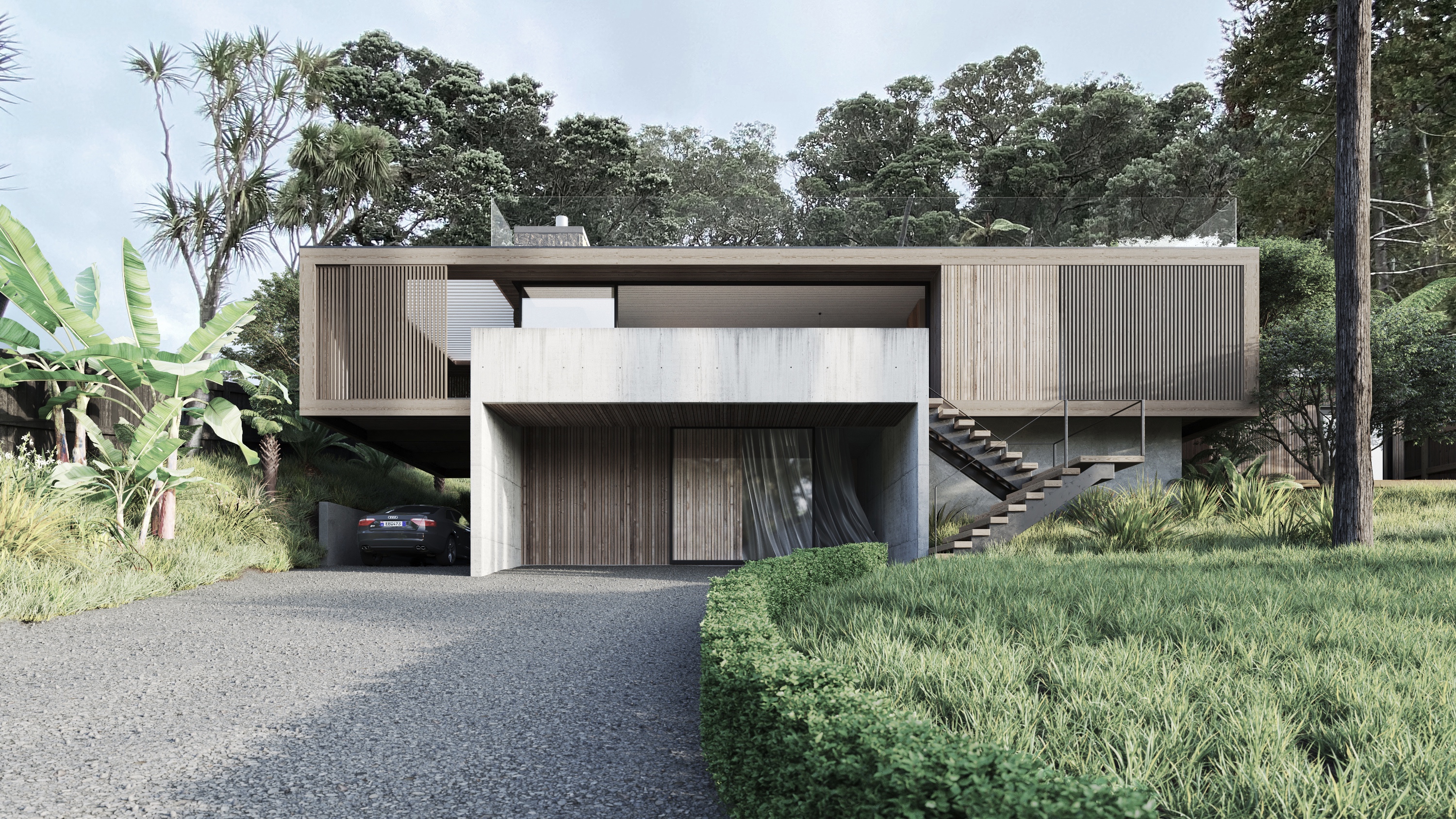 Tirinui House by Matt Deeb Architecture: Modern two-story house with concrete and cedar exterior surrounded by native new zealand bush. 