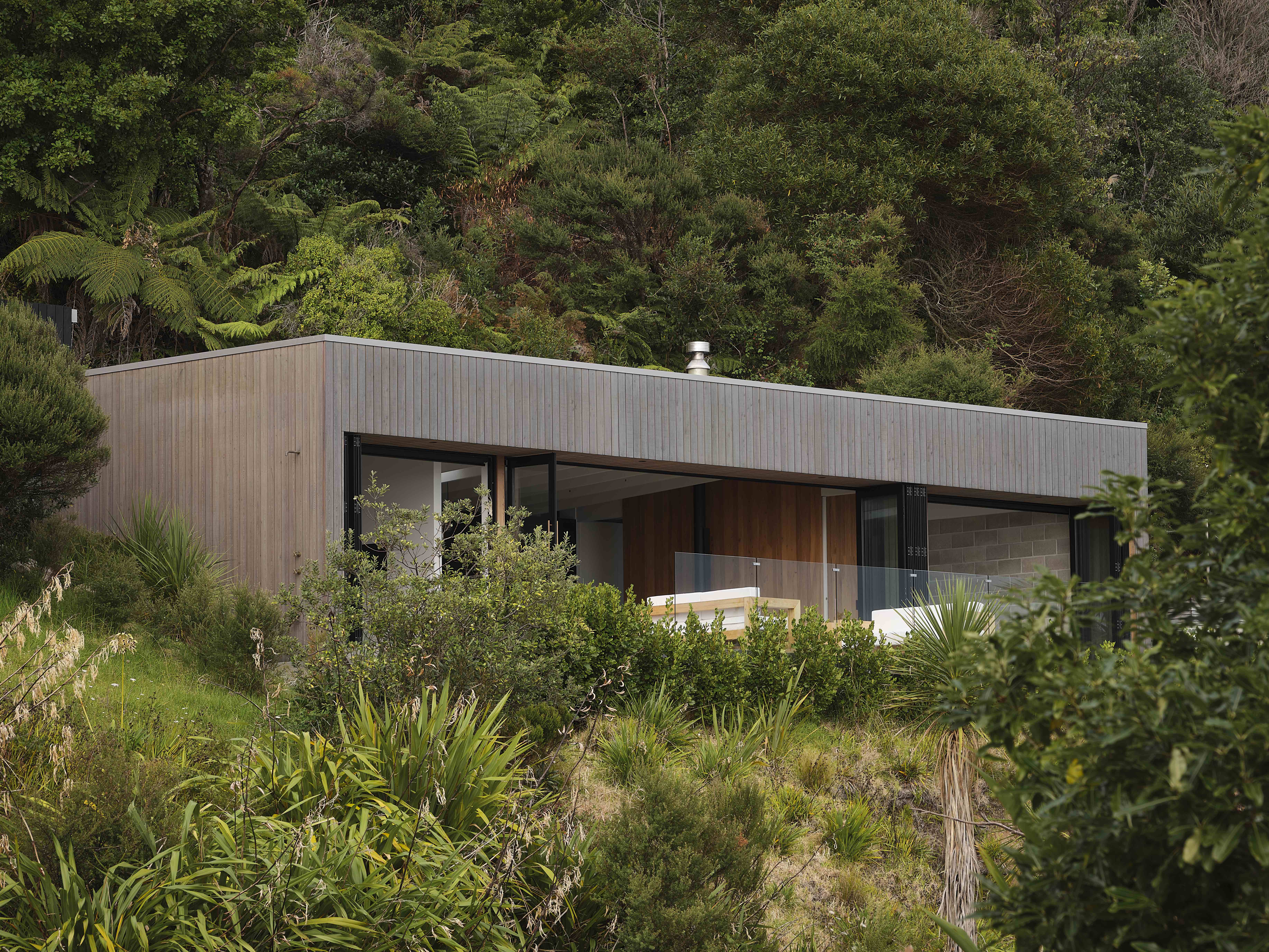 MDA House by Matt Deeb Architecture: Modern rectangular house with wooden cladding and large glass doors set amongst lush green foliage and trees.