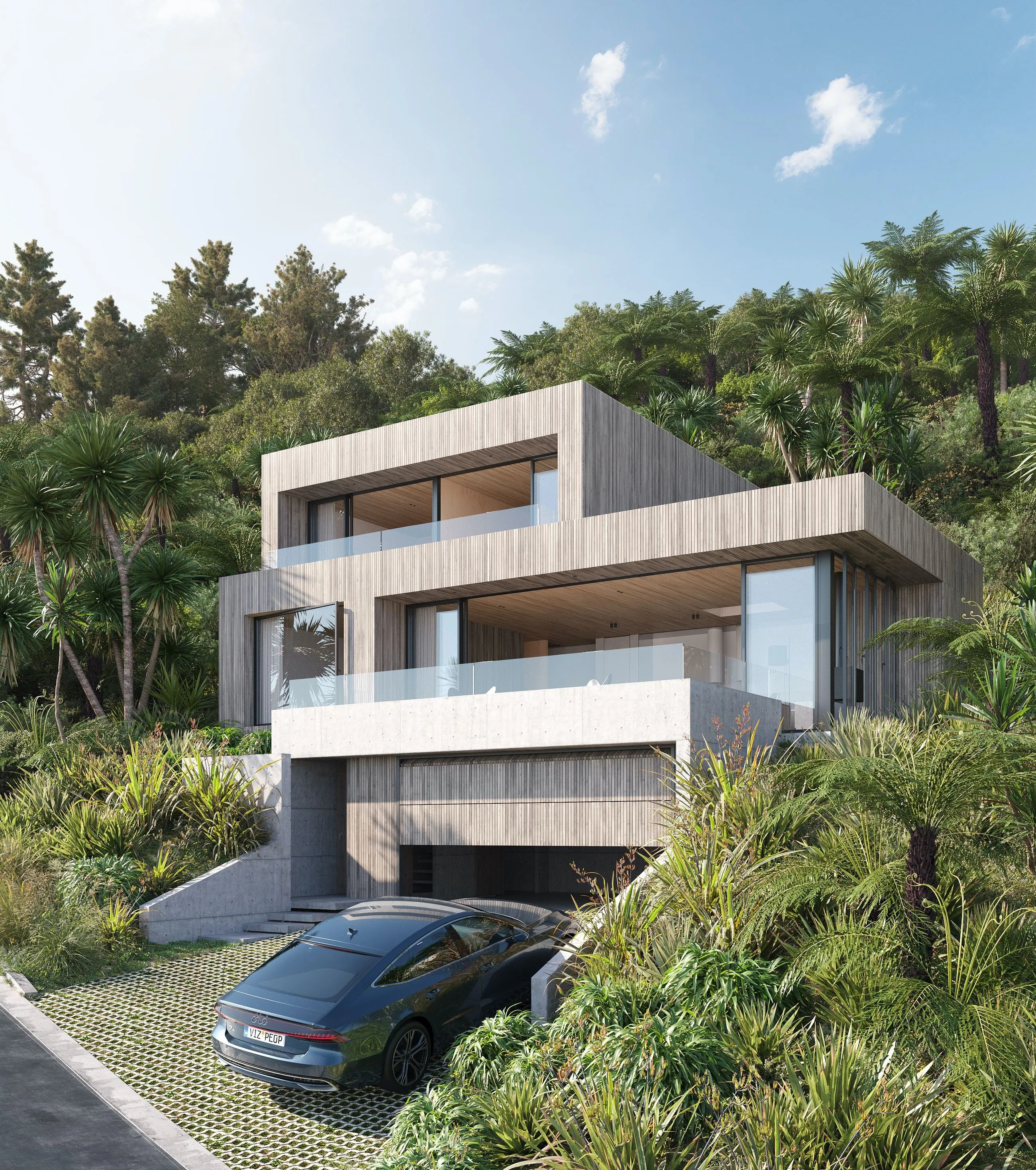 Wildhaber House by Matt Deeb Architecture: Modern two-story house with large glass windows and wooden paneling surrounded by lush greenery, with a black car parked in the driveway.